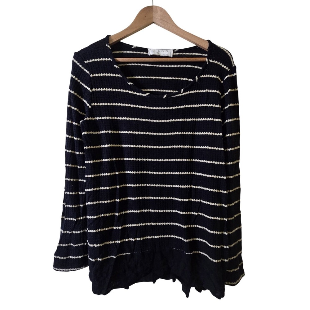 Sinuous Top Womens Large Black Striped Waffle Knit Scoop Neck Long Sleeve USA